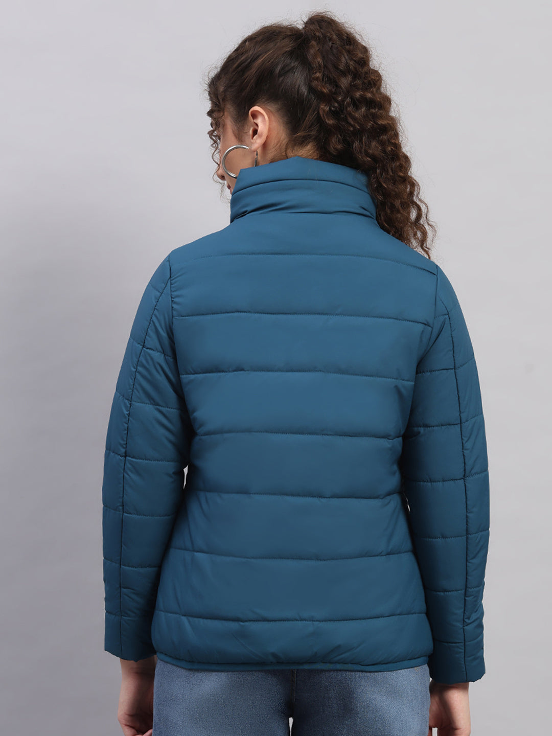 Women Teal Blue Self Design Collar Full Sleeve Jacket