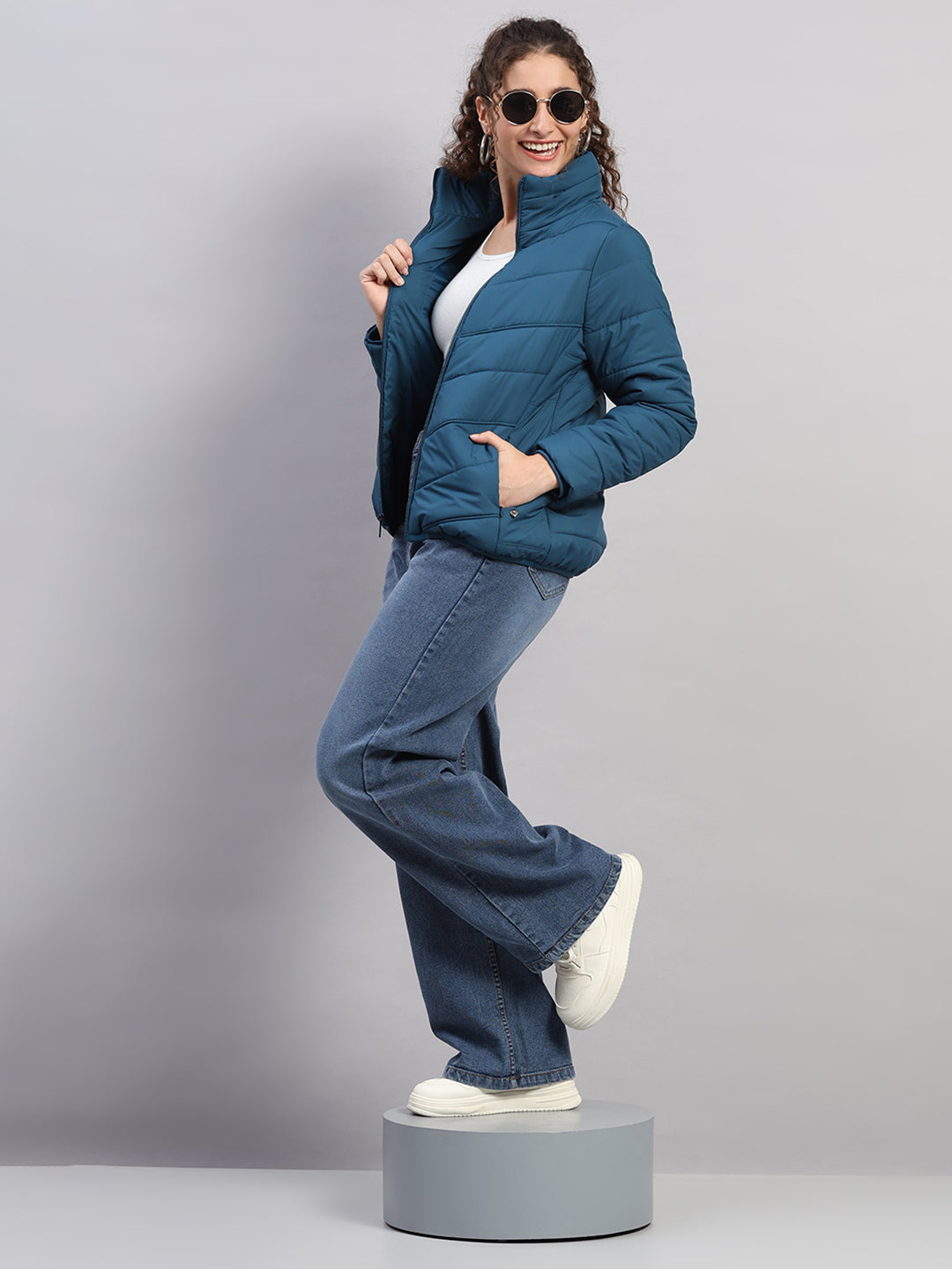 Women Teal Blue Self Design Collar Full Sleeve Jacket
