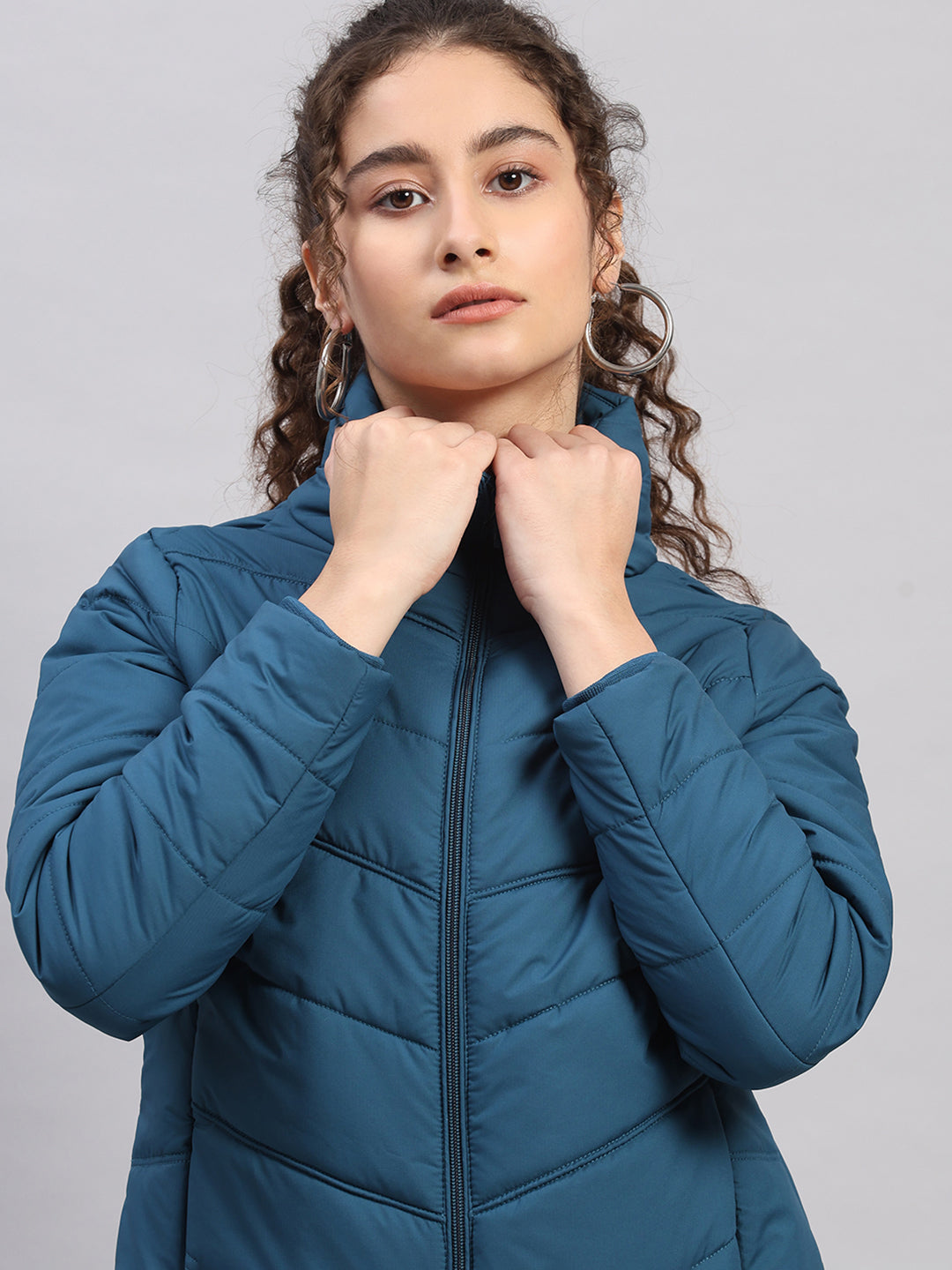 Women Teal Blue Self Design Collar Full Sleeve Jacket