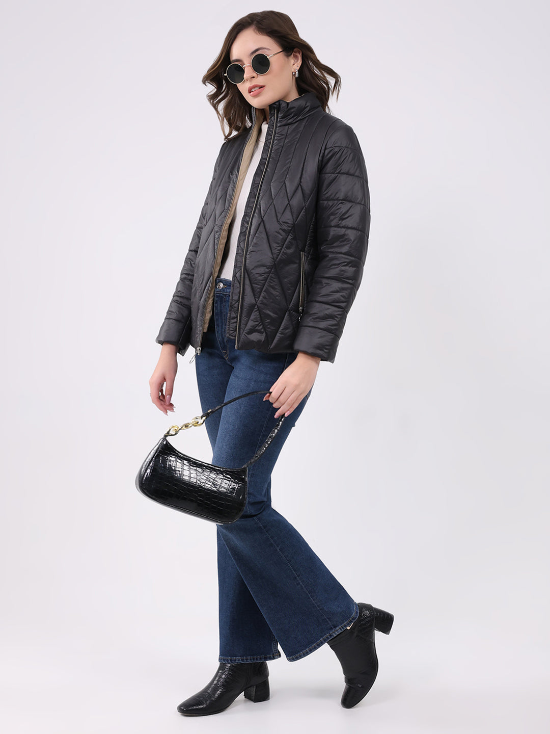 Women Black Solid Mock Neck Full Sleeve Jacket