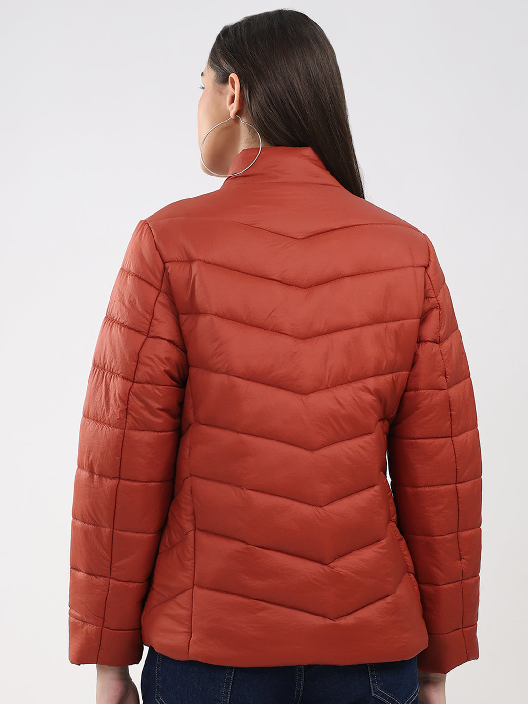 Women Rust Solid Mock Neck Full Sleeve Jacket