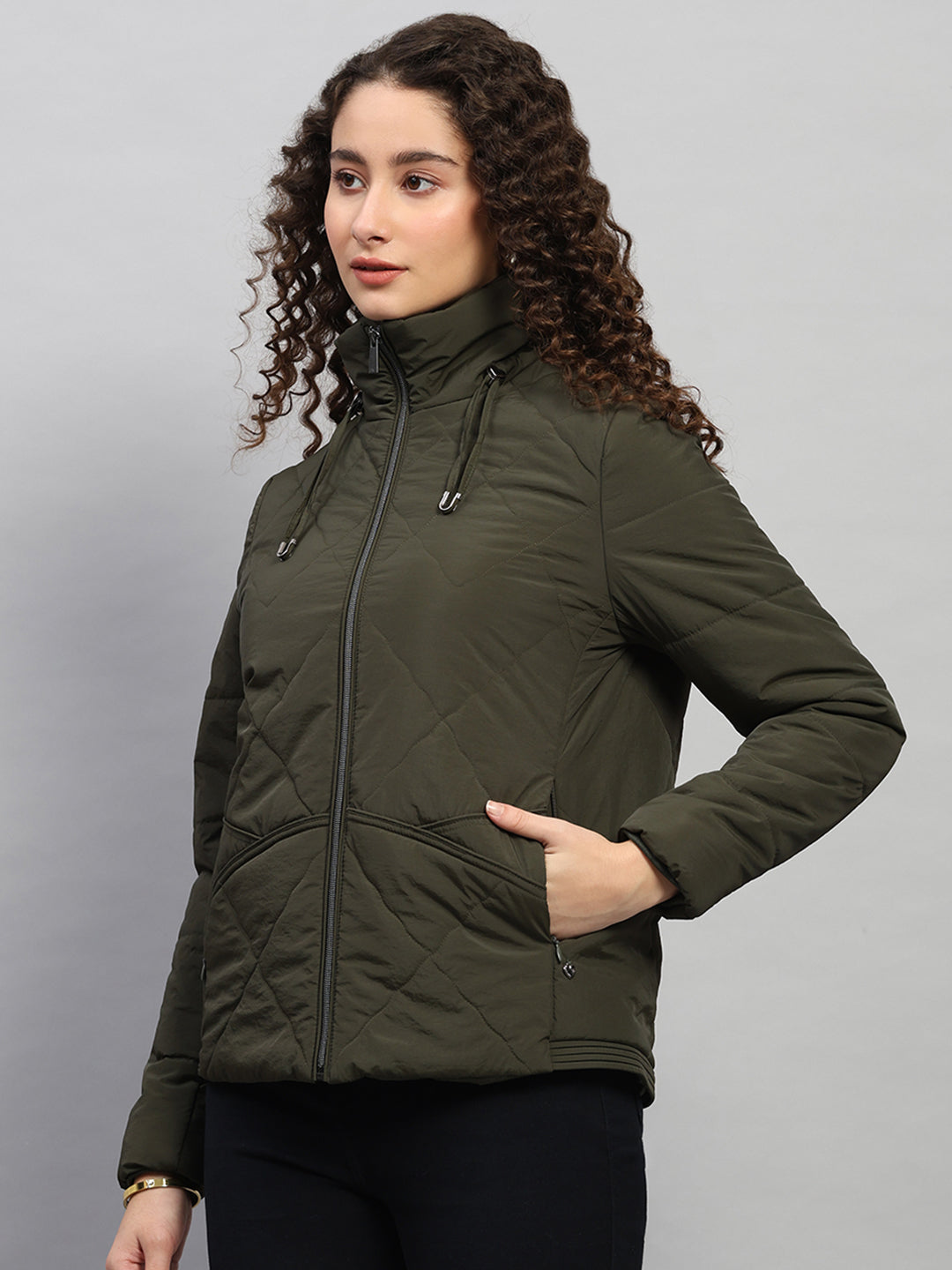 Women Olive Solid Collar Full Sleeve Jacket