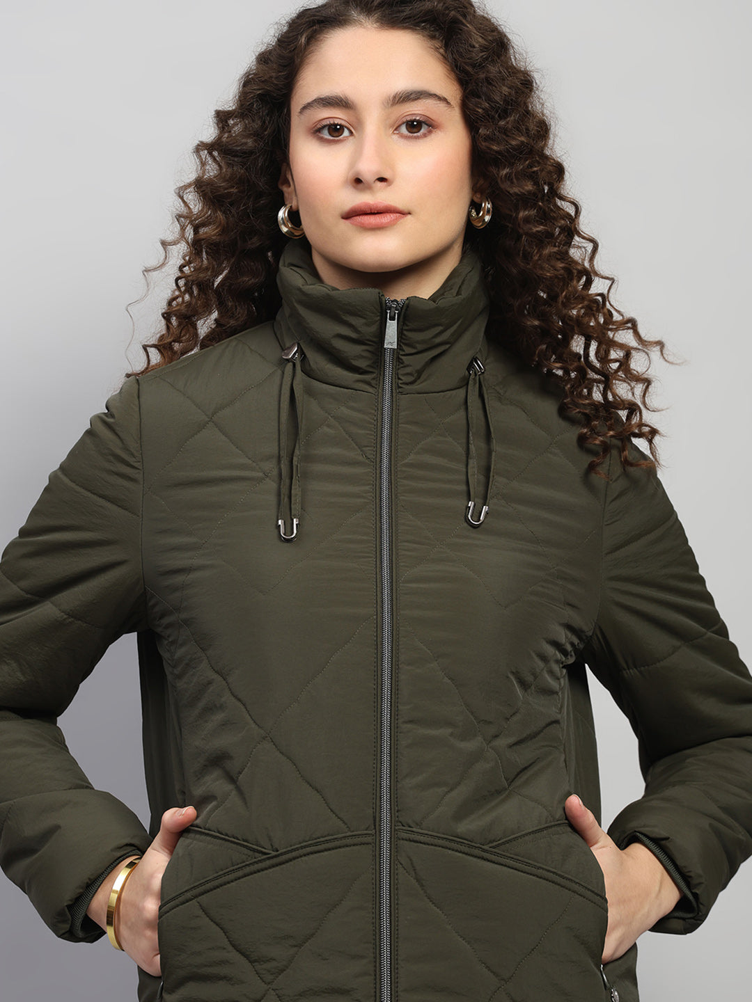 Women Olive Solid Collar Full Sleeve Jacket
