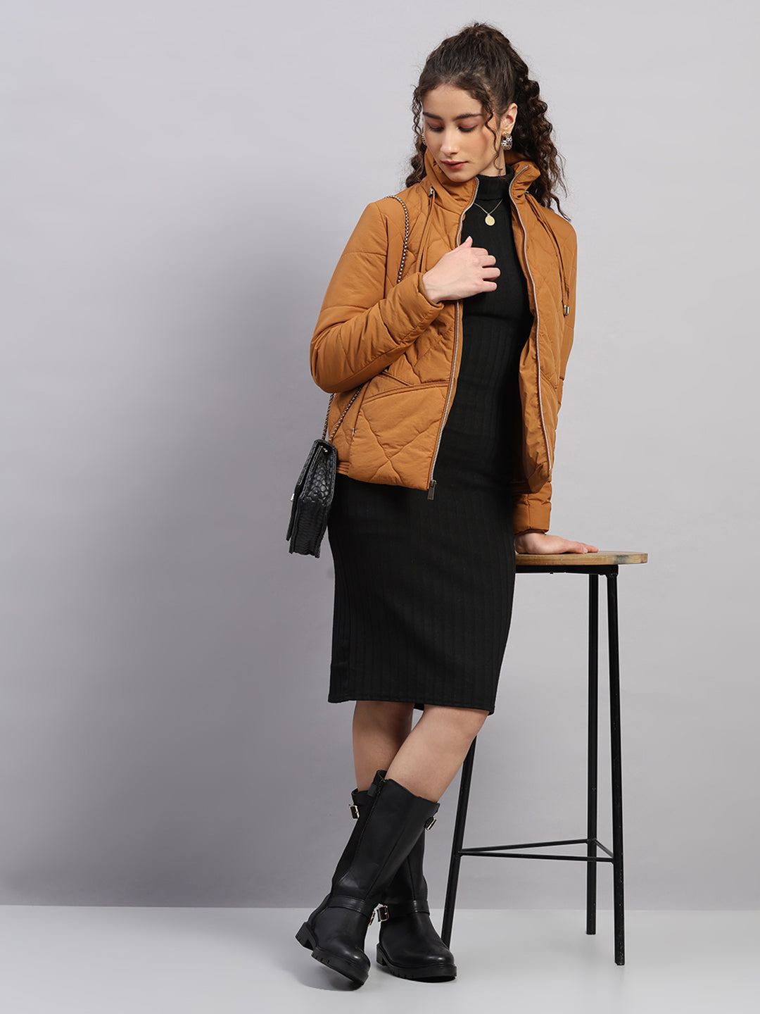 Women Brown Solid Collar Full Sleeve Jacket