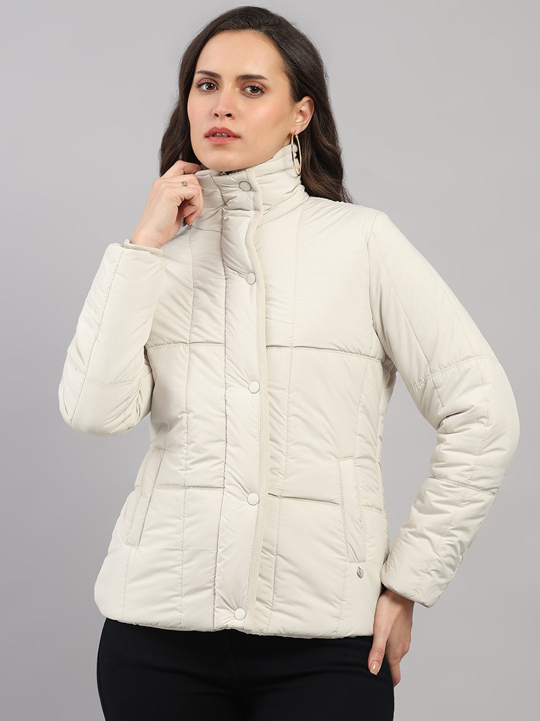 Women Cream Solid High Neck Full Sleeve Jacket