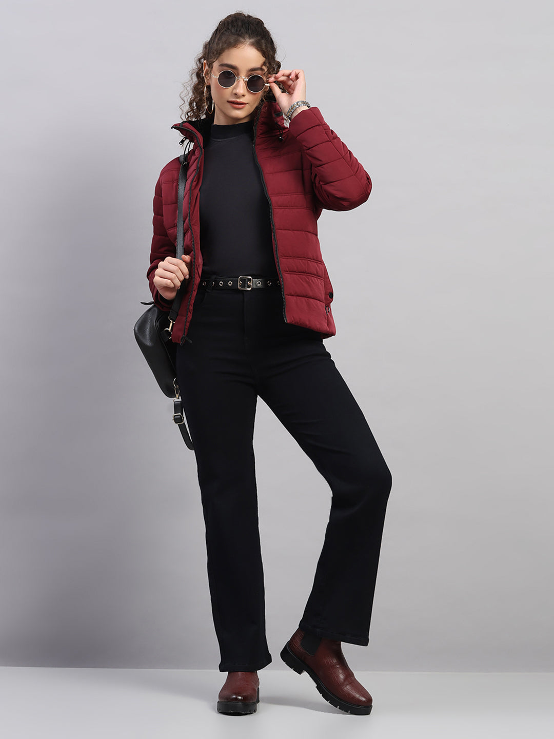 Women Burgundy Solid Collar Full Sleeve Jacket