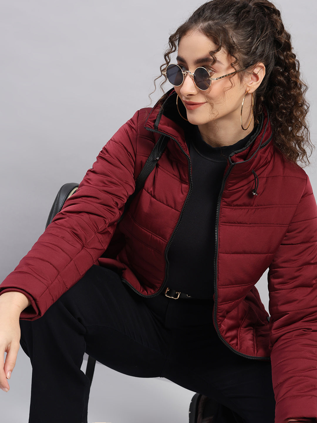 Women Burgundy Solid Collar Full Sleeve Jacket