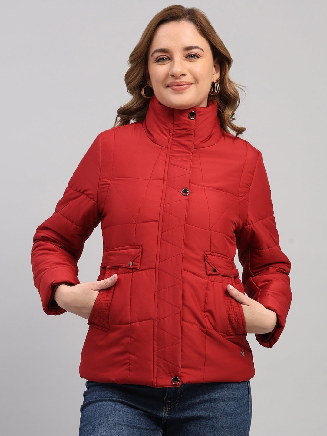 Women Red Solid Collar Full Sleeve Jacket