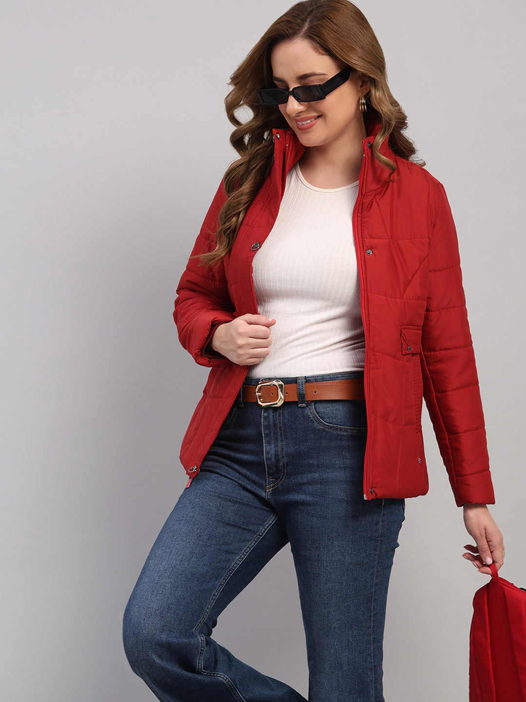 Women Red Solid Collar Full Sleeve Jacket
