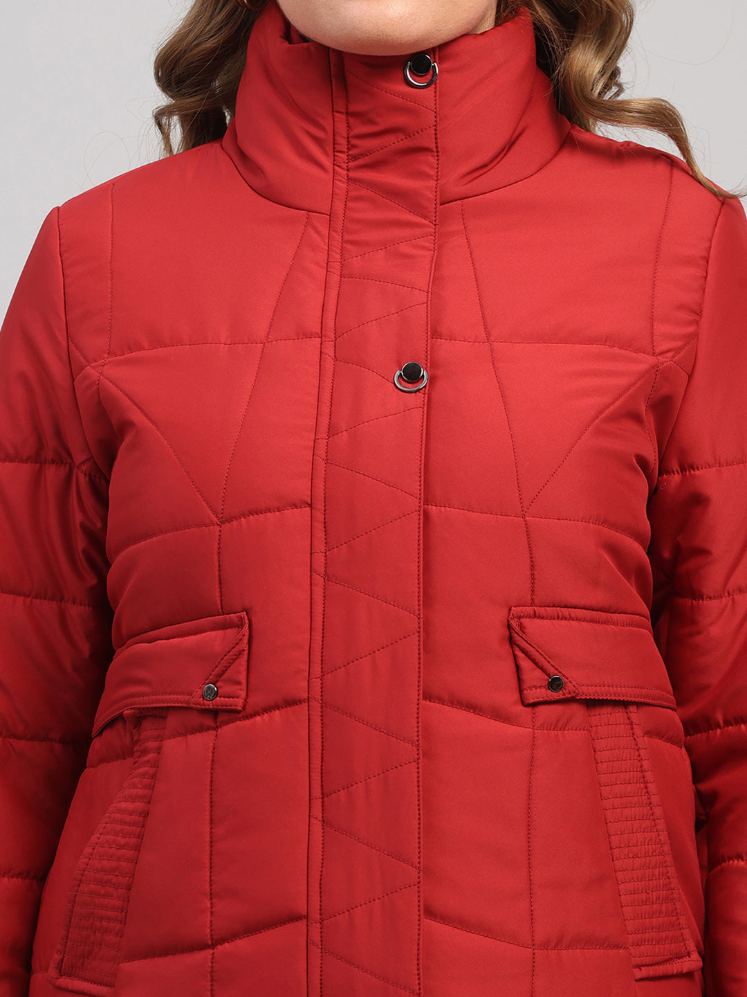 Women Red Solid Collar Full Sleeve Jacket