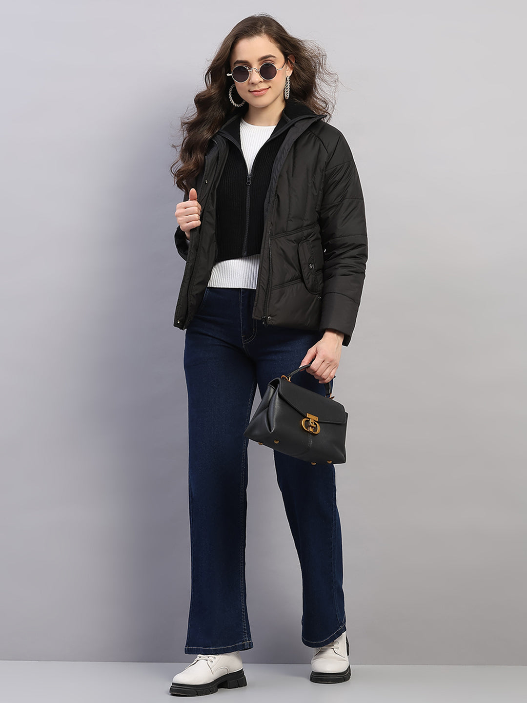 Women Black Printed Collar Full Sleeve Jacket