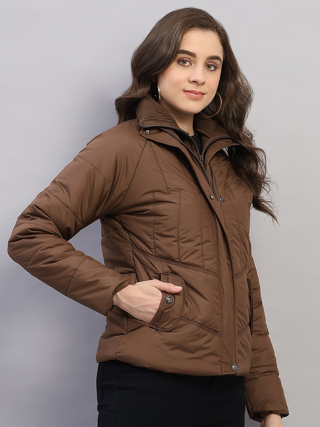 Women Brown Printed Collar Full Sleeve Jacket