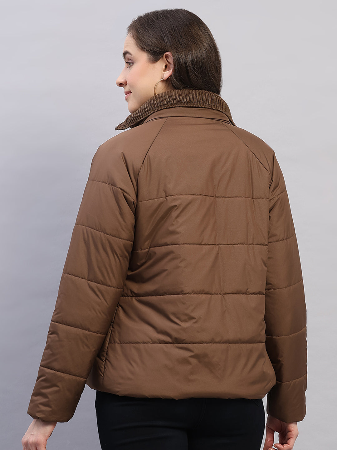 Women Brown Printed Collar Full Sleeve Jacket