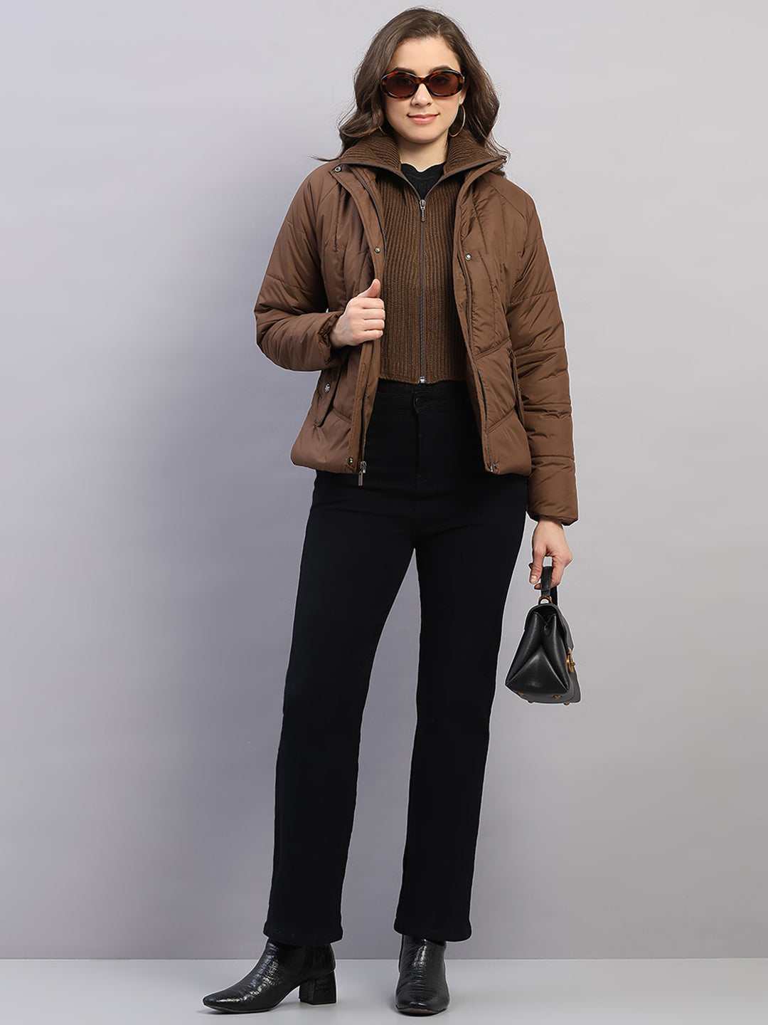 Women Brown Printed Collar Full Sleeve Jacket