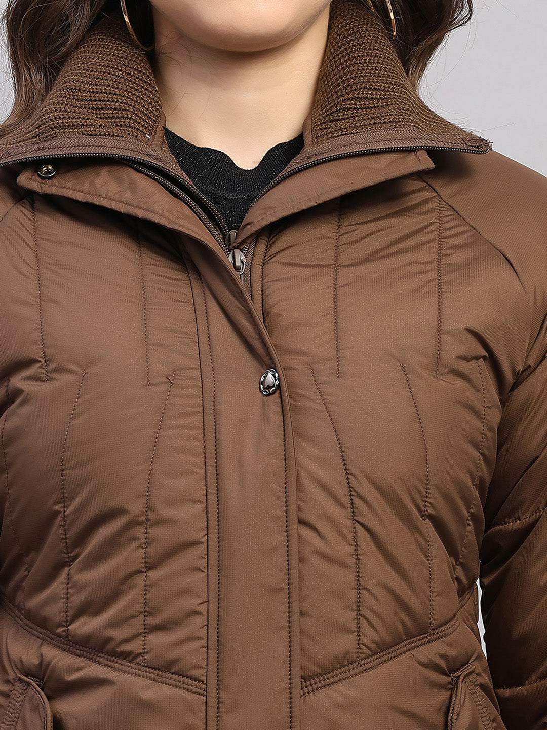 Women Brown Printed Collar Full Sleeve Jacket