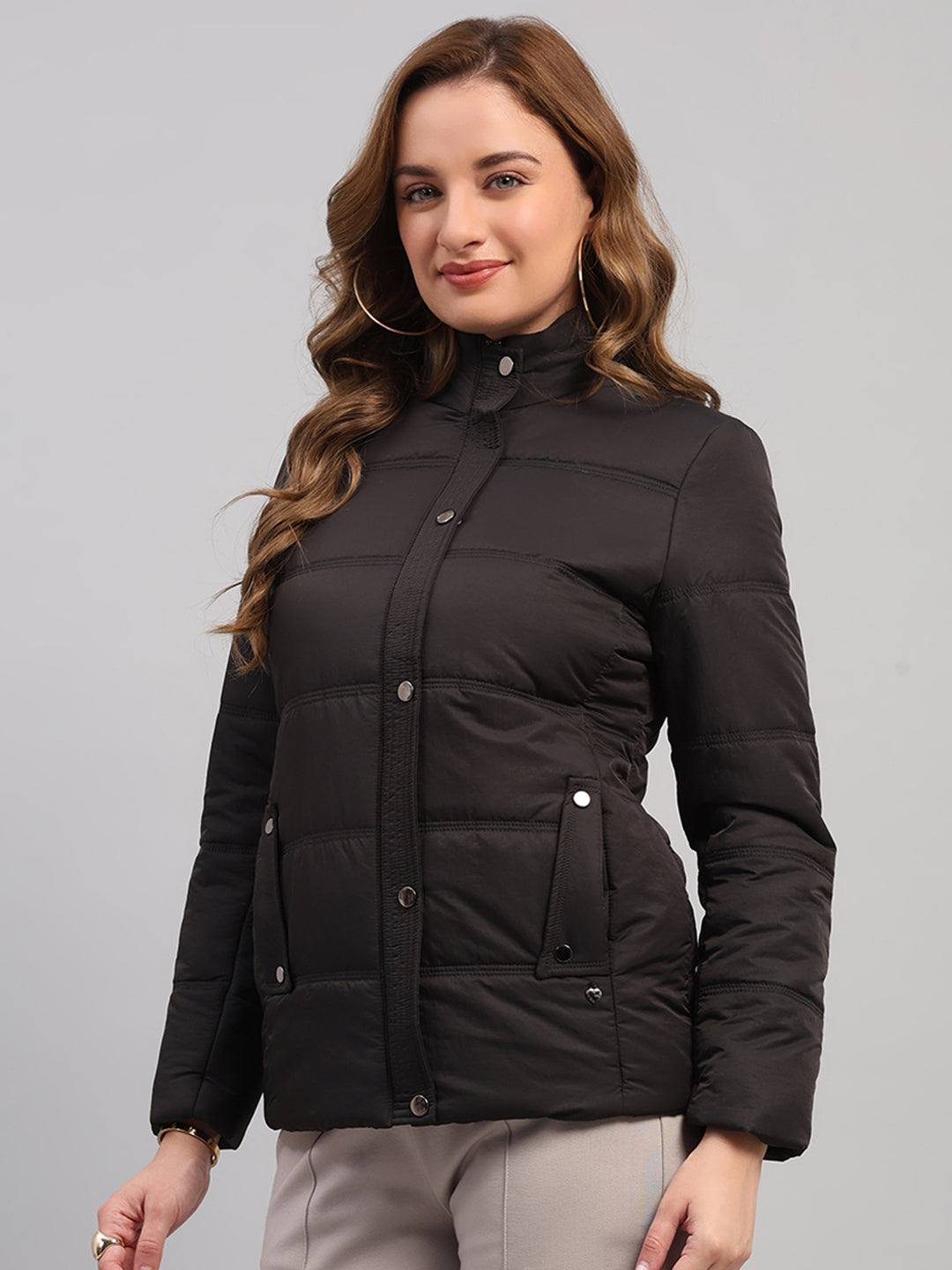 Women Charcoal Solid Collar Full Sleeve Jacket