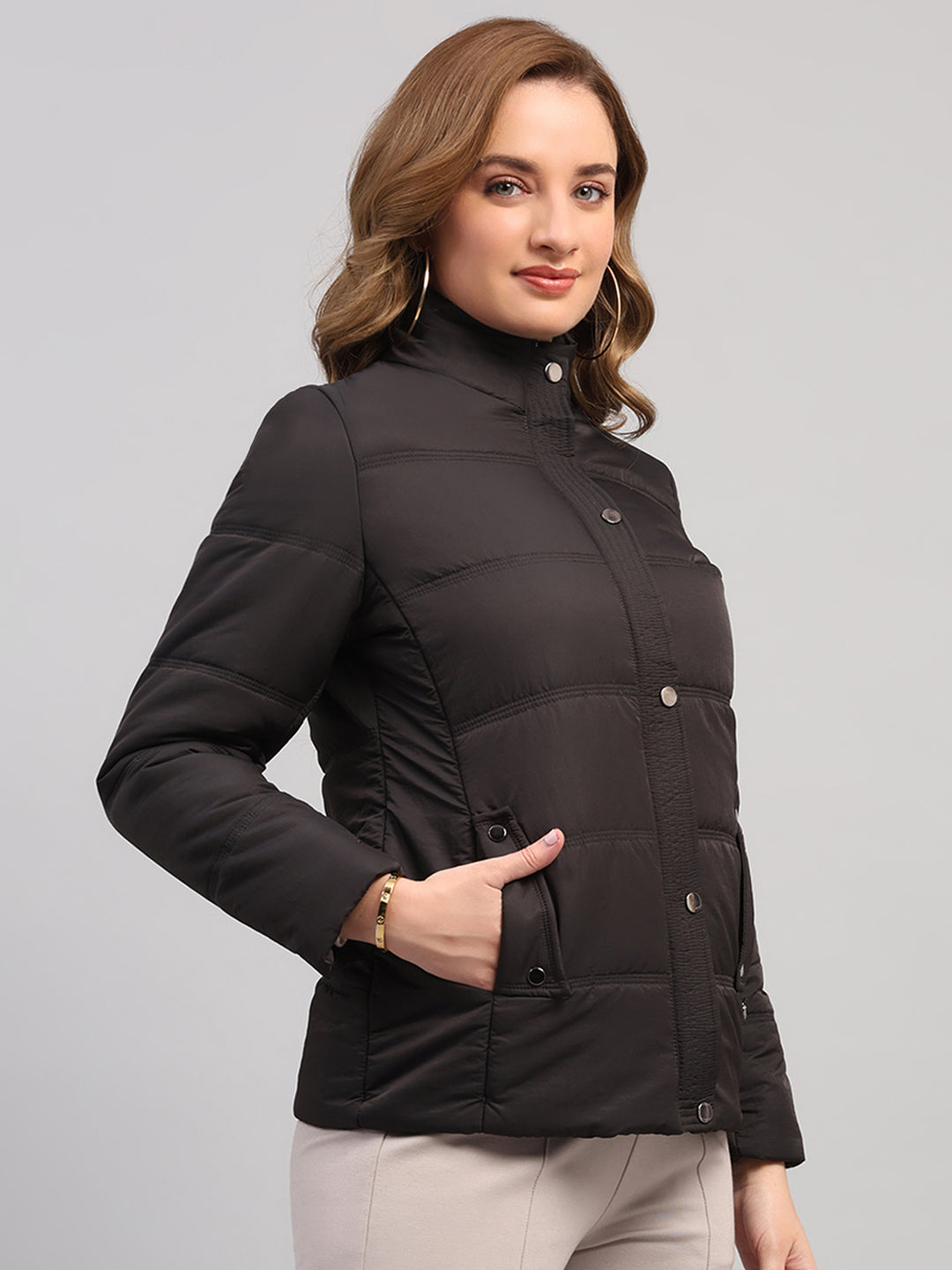 Women Charcoal Solid Collar Full Sleeve Jacket