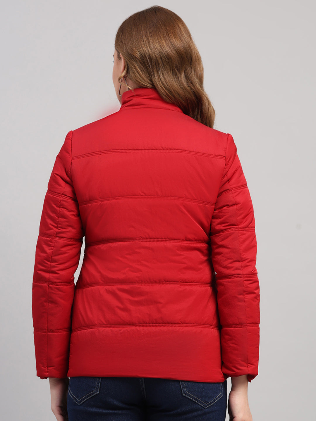 Women Red Solid Collar Full Sleeve Jacket