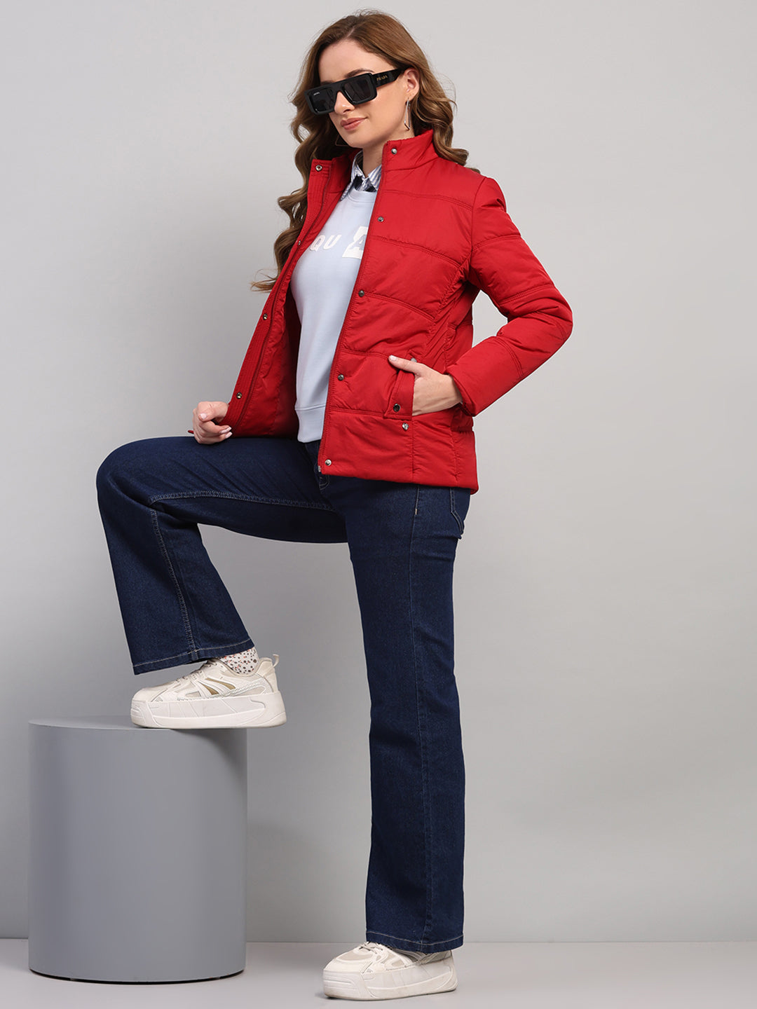 Women Red Solid Collar Full Sleeve Jacket