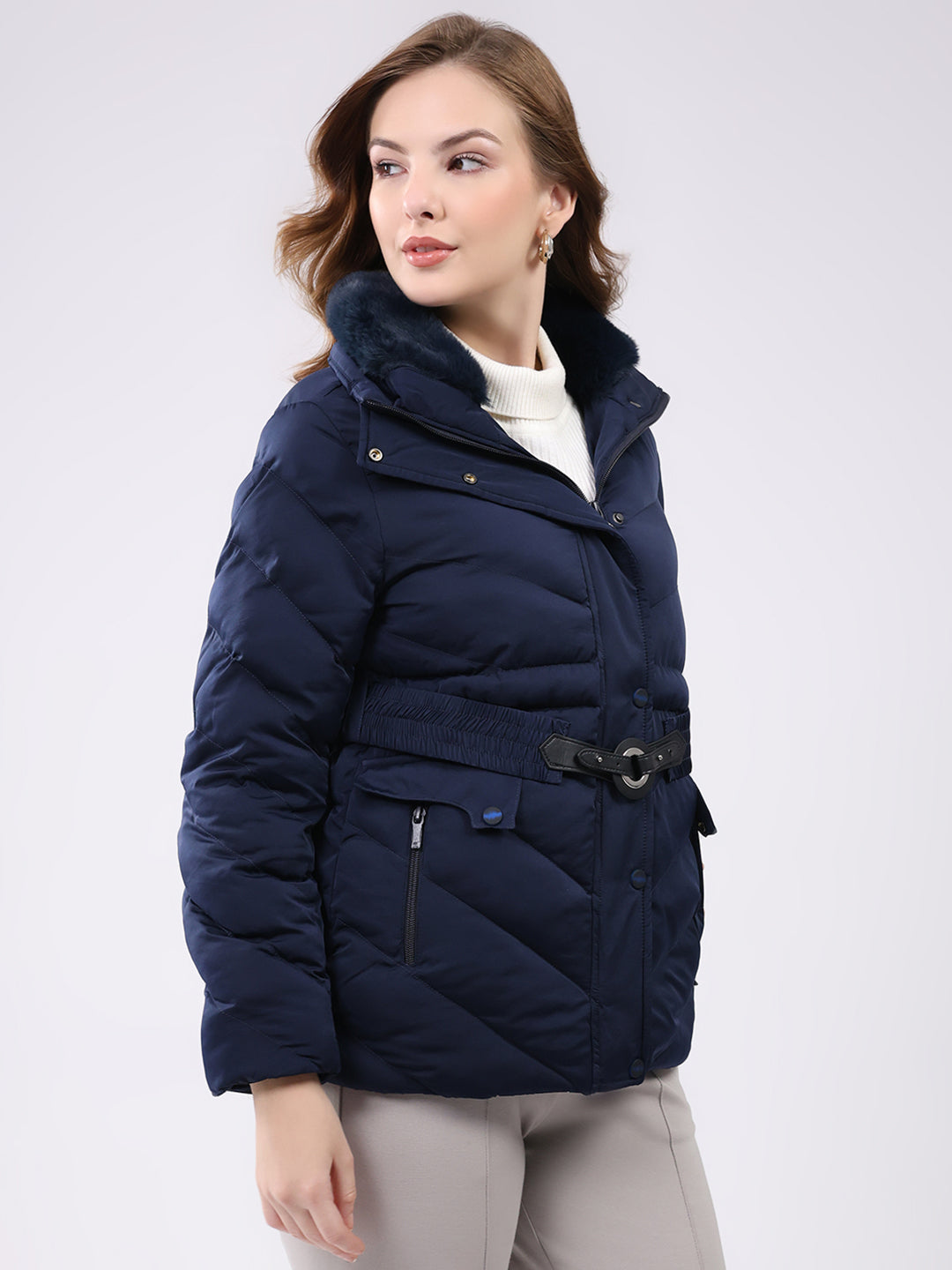 Women Navy Blue Solid Collar Full Sleeve Jacket