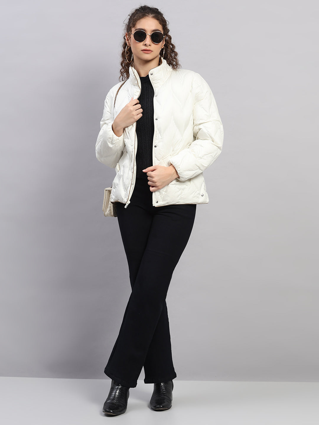 Women Off White Self Design Collar Full Sleeve Jacket