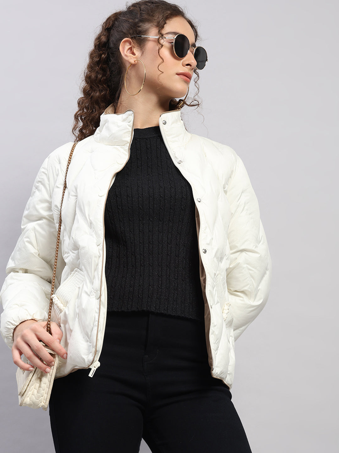 Women Off White Self Design Collar Full Sleeve Jacket