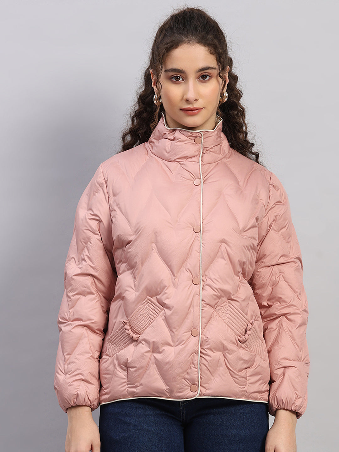 Women Peach Self Design Collar Full Sleeve Jacket