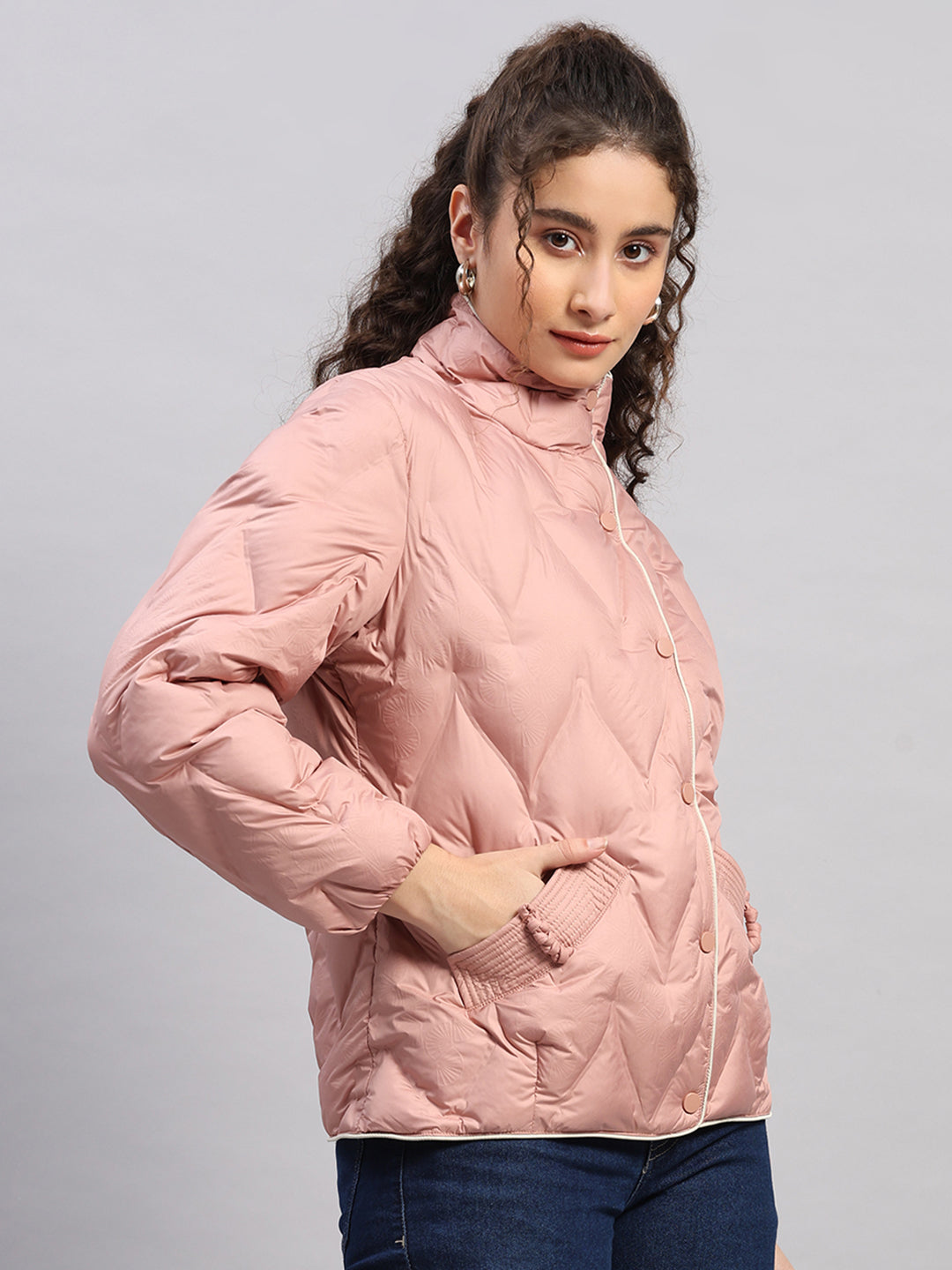 Women Peach Self Design Collar Full Sleeve Jacket