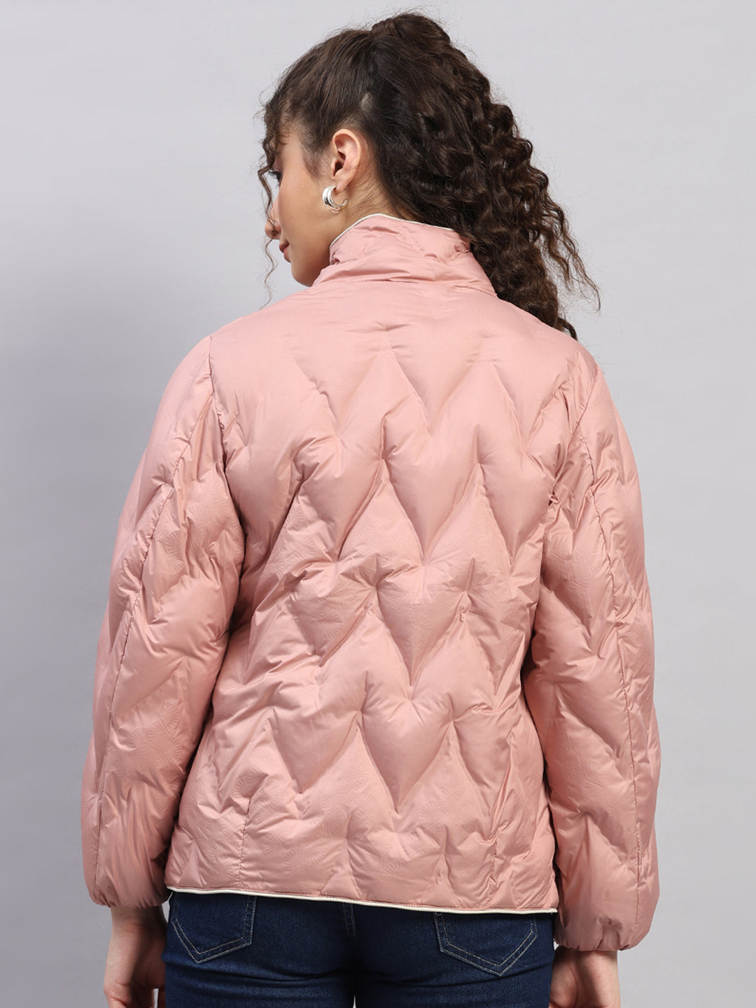 Women Peach Self Design Collar Full Sleeve Jacket