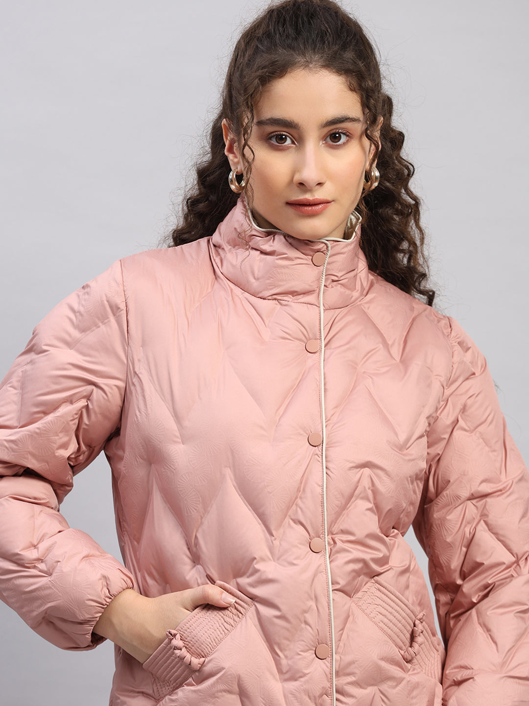 Women Peach Self Design Collar Full Sleeve Jacket