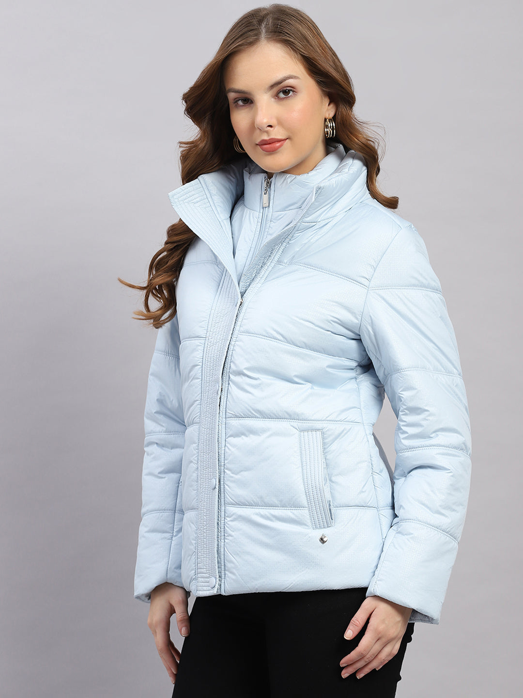 Women Sky Blue Printed Collar Full Sleeve Jacket