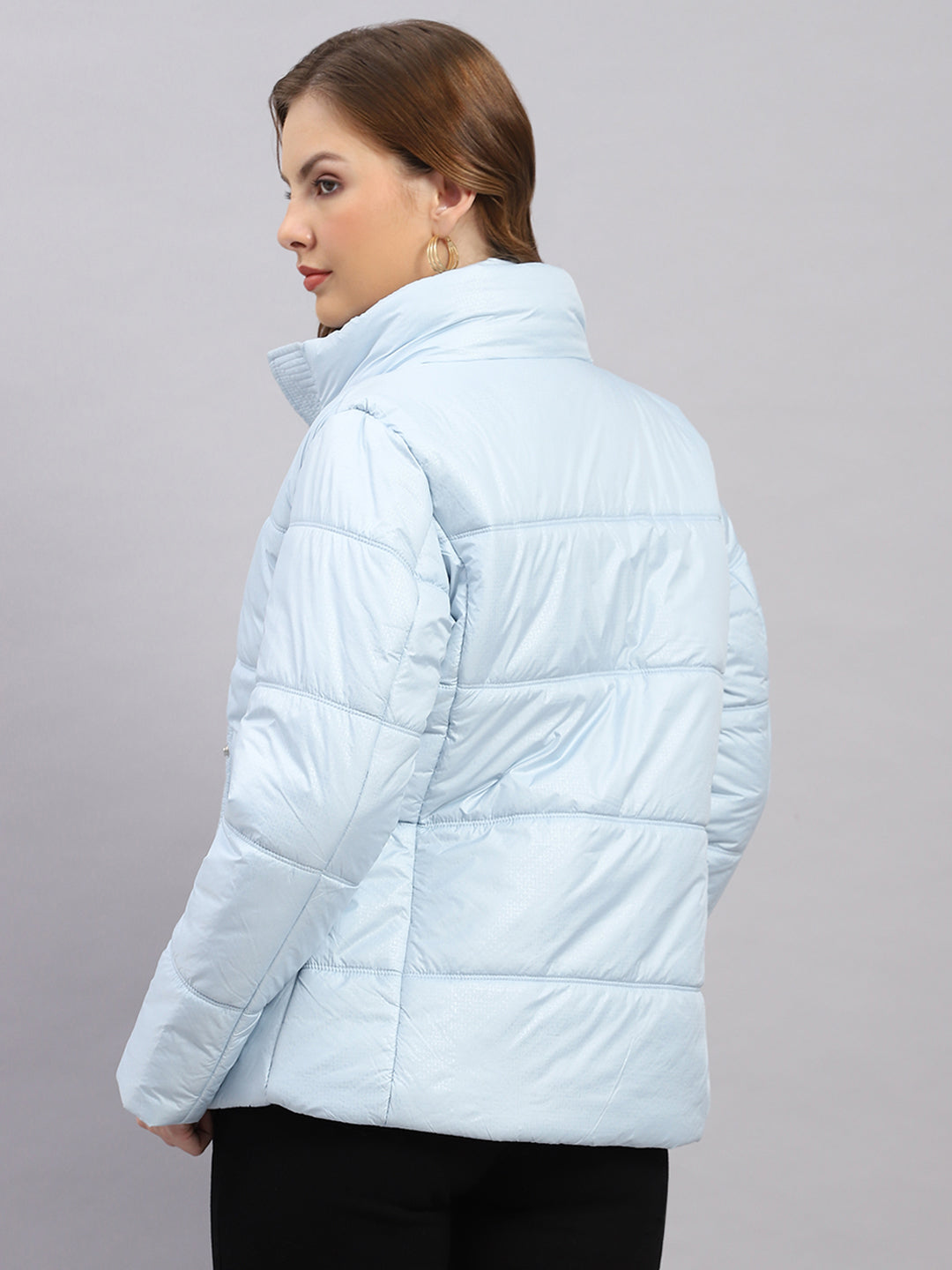 Women Sky Blue Printed Collar Full Sleeve Jacket