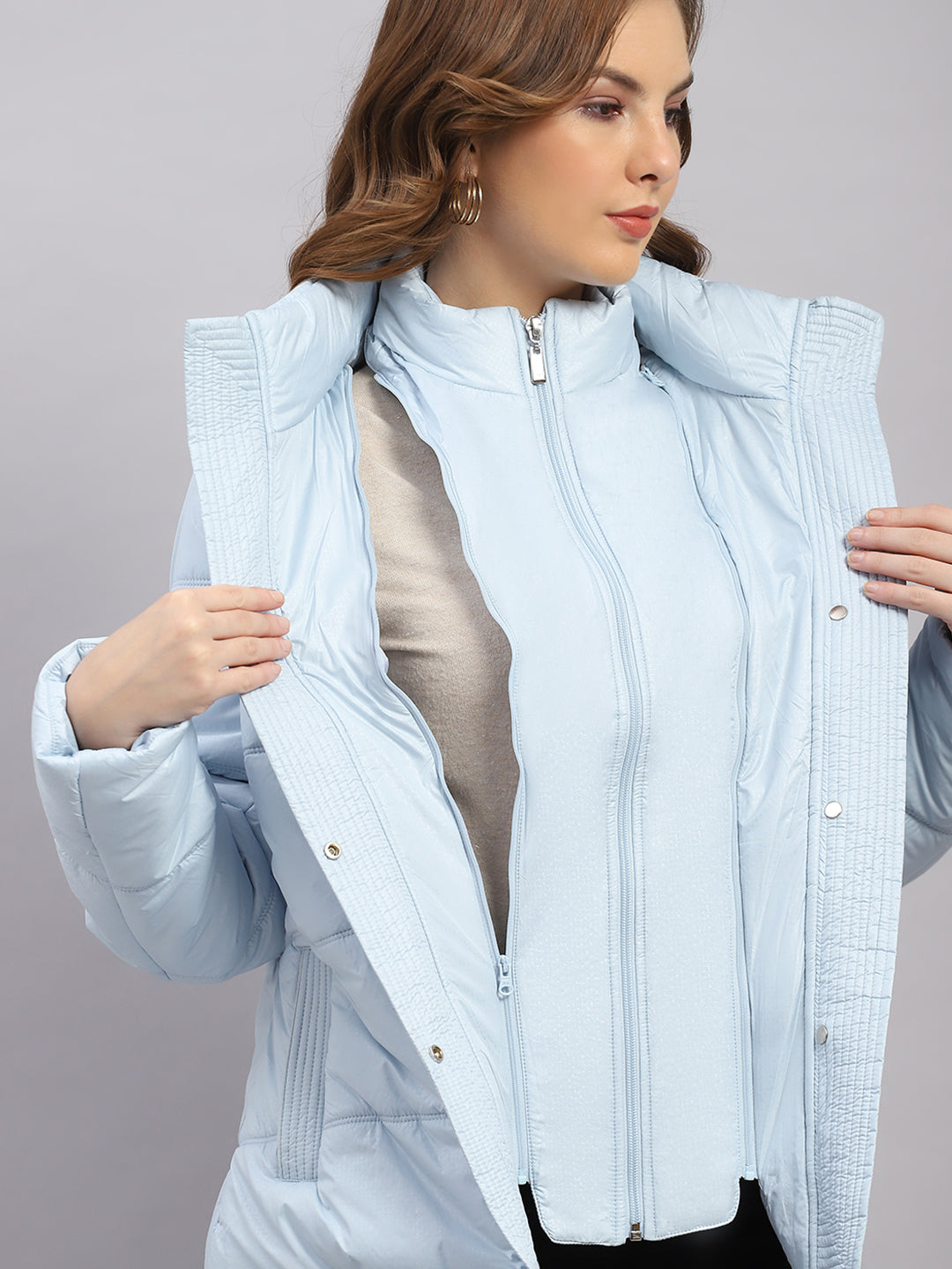 Women Sky Blue Printed Collar Full Sleeve Jacket
