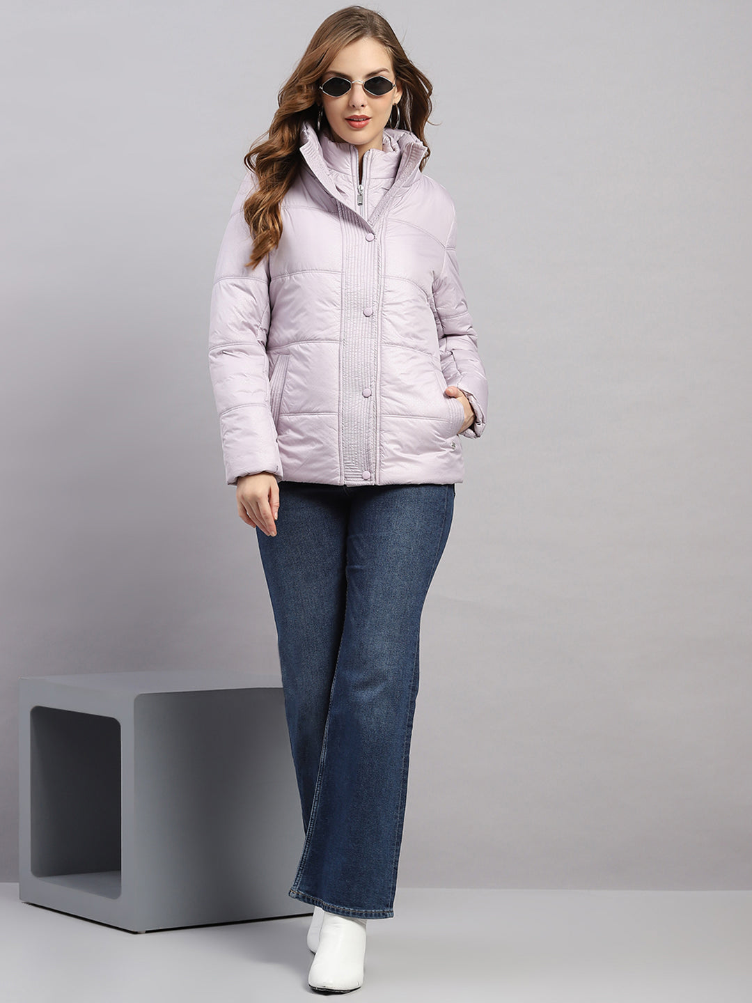 Women Purple Printed Collar Full Sleeve Jacket