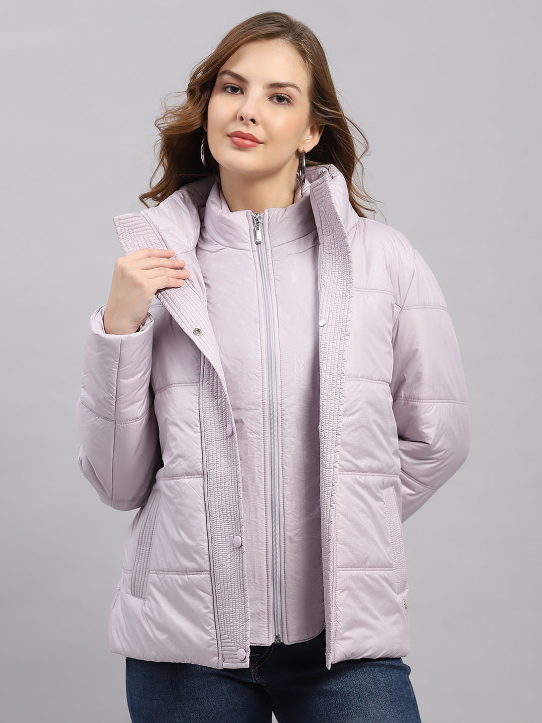 Women Purple Printed Collar Full Sleeve Jacket