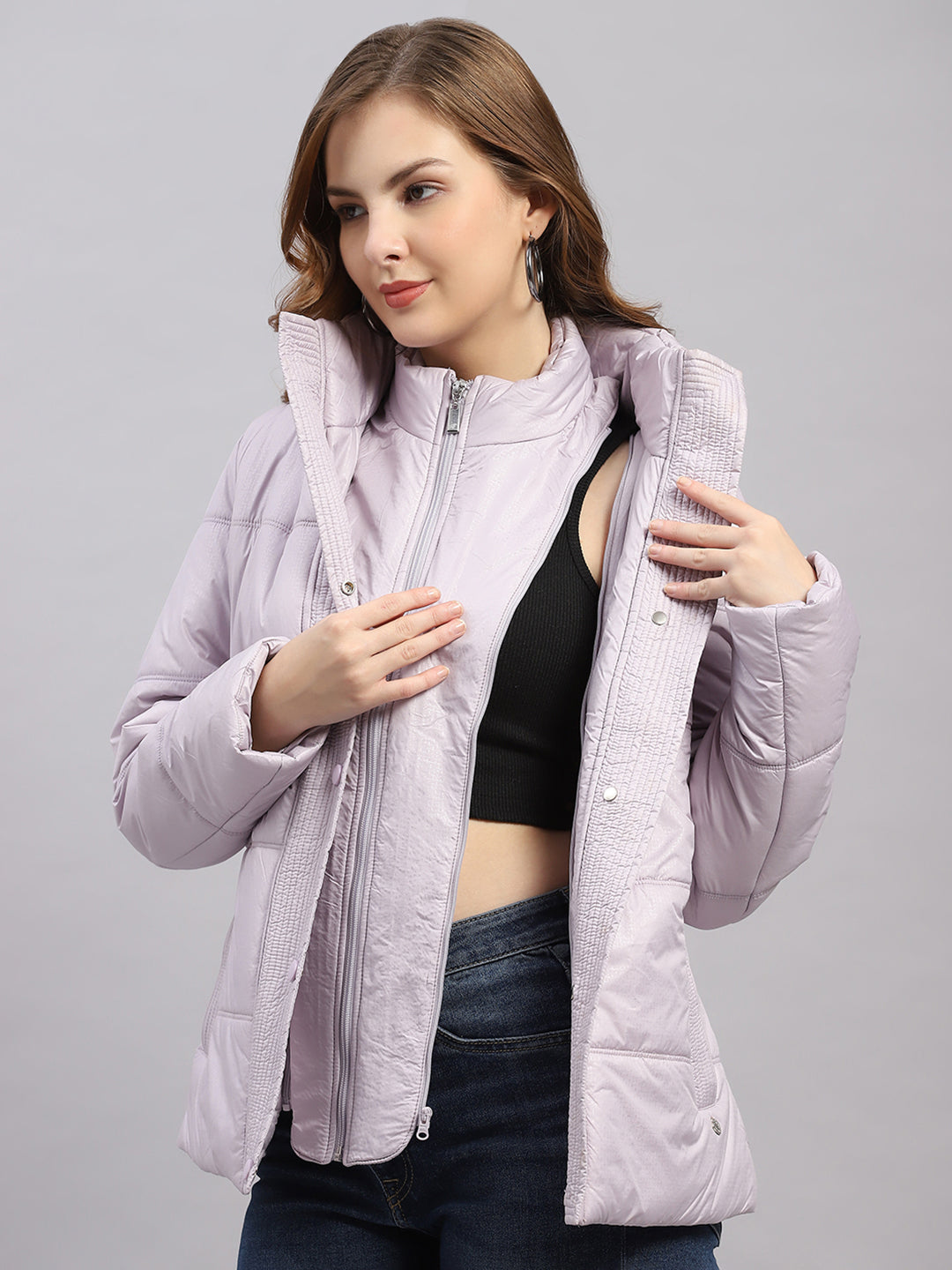 Women Purple Printed Collar Full Sleeve Jacket