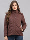 Women Brown Self Design Hooded Full Sleeve Jacket