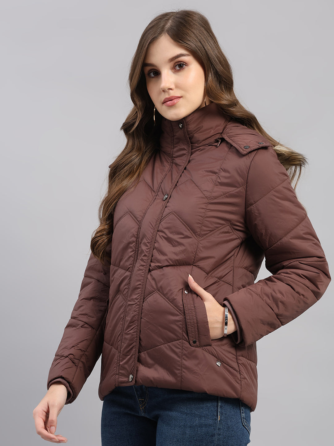 Women Brown Self Design Hooded Full Sleeve Jacket