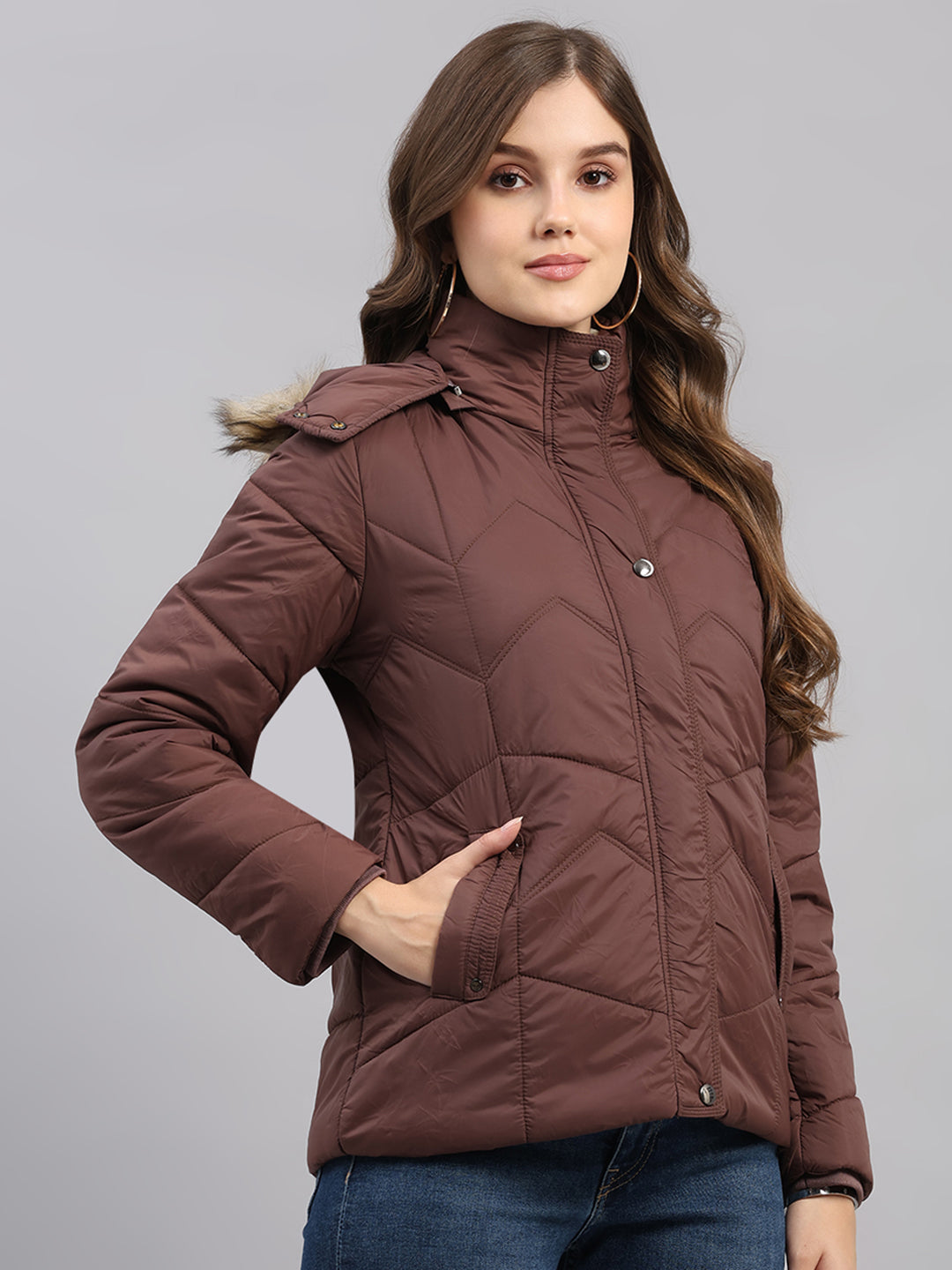 Women Brown Self Design Hooded Full Sleeve Jacket