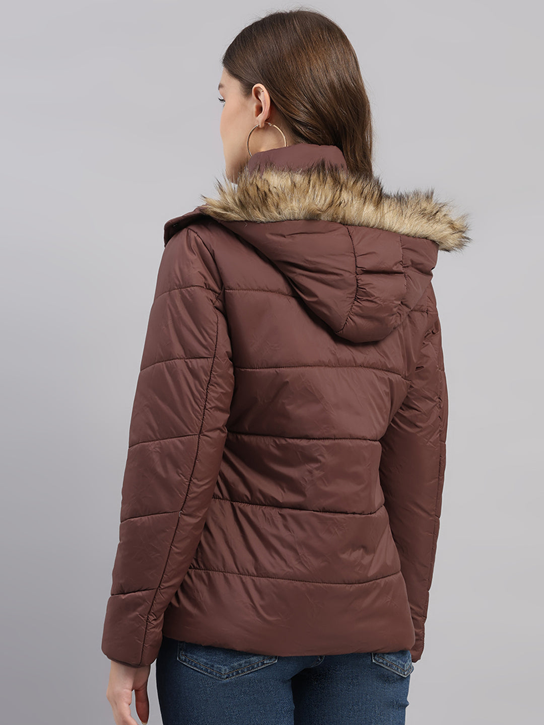 Women Brown Self Design Hooded Full Sleeve Jacket