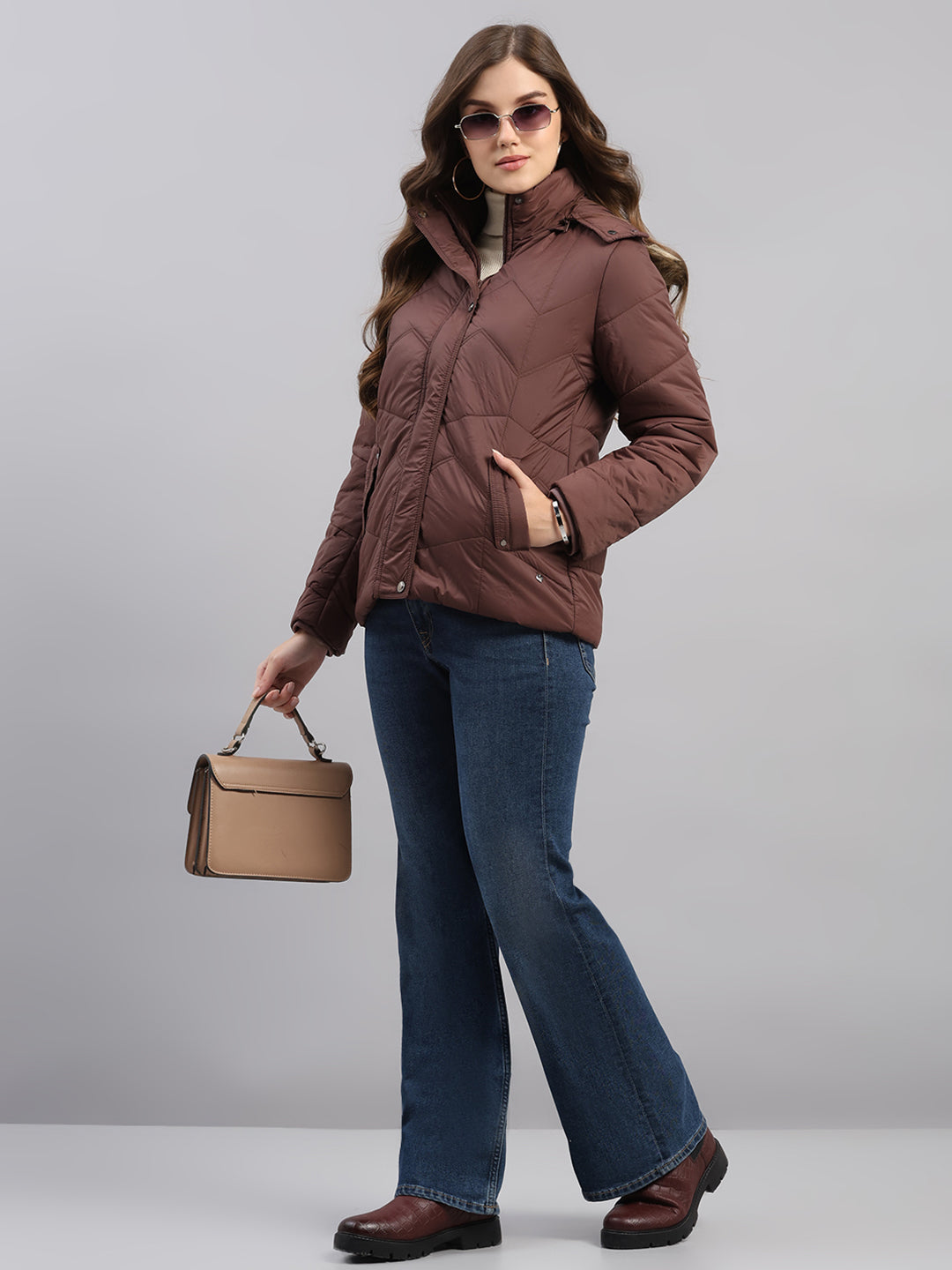 Women Brown Self Design Hooded Full Sleeve Jacket