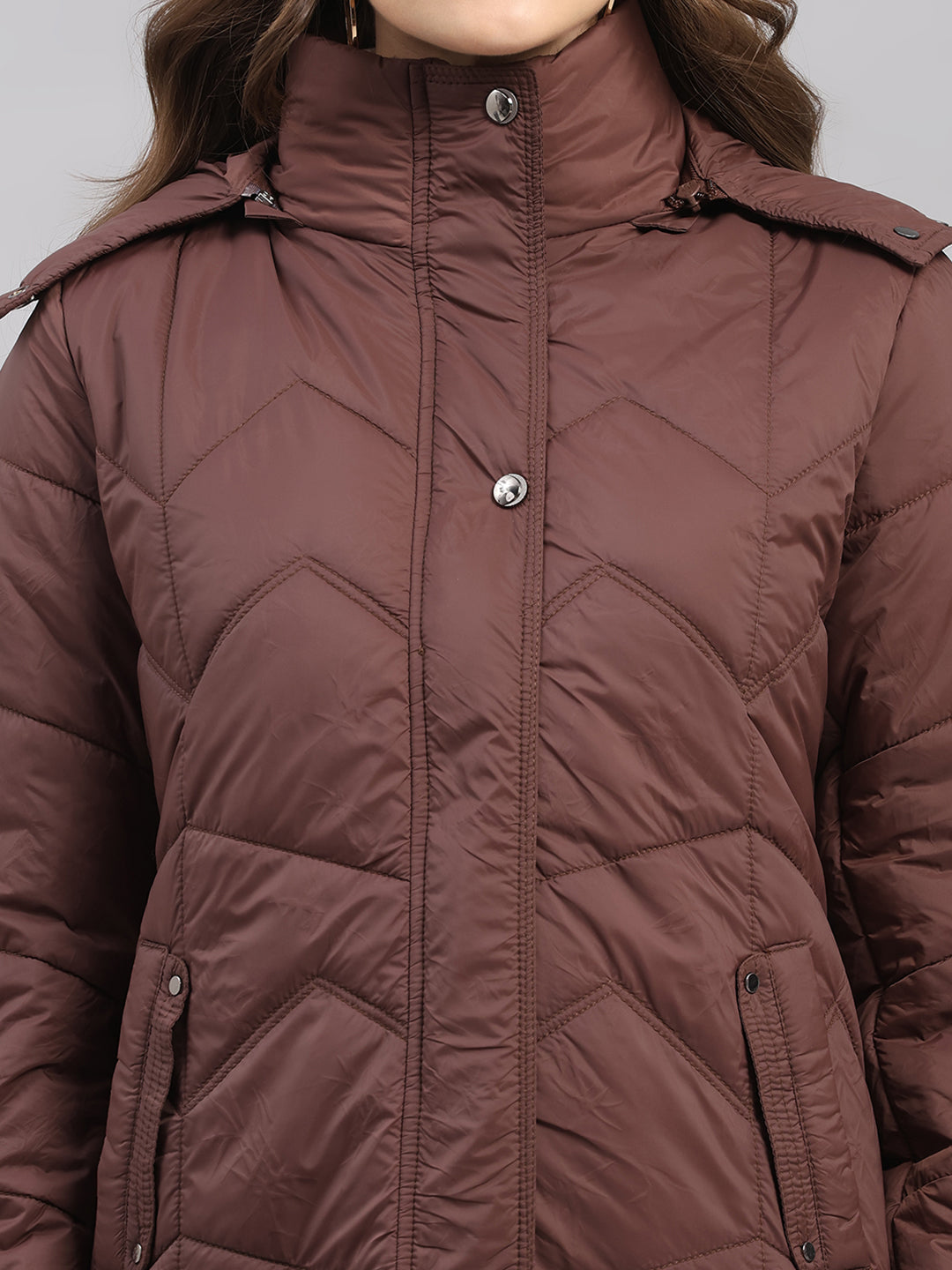 Women Brown Self Design Hooded Full Sleeve Jacket