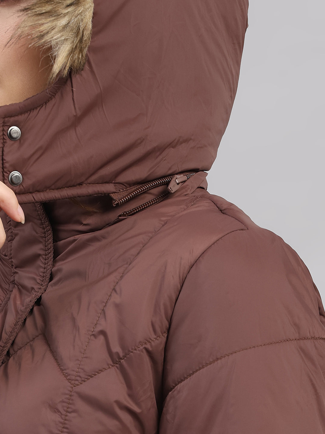 Women Brown Self Design Hooded Full Sleeve Jacket