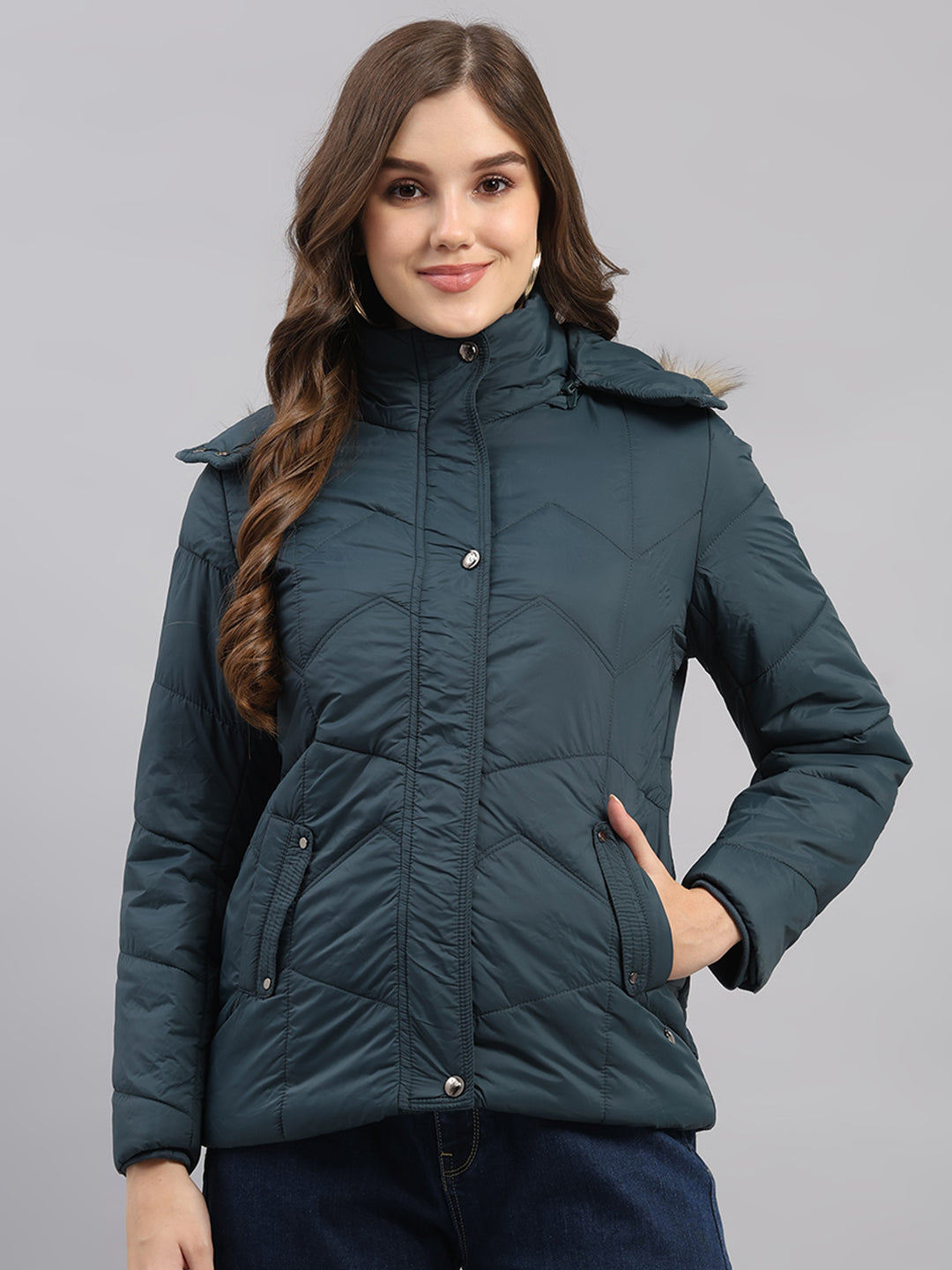 Women Teal Blue Self Design Hooded Full Sleeve Jacket