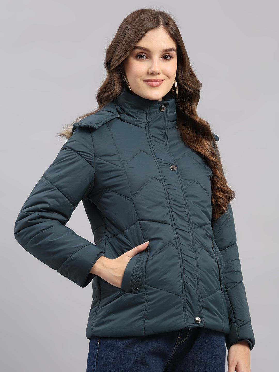 Women Teal Blue Self Design Hooded Full Sleeve Jacket