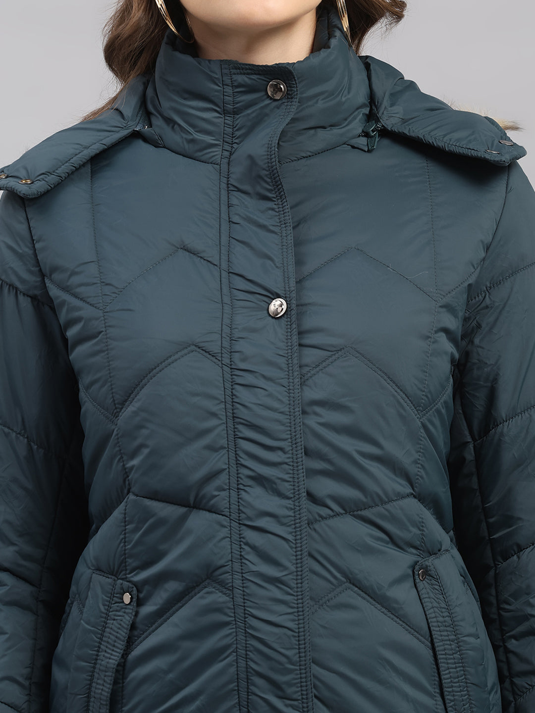 Women Teal Blue Self Design Hooded Full Sleeve Jacket