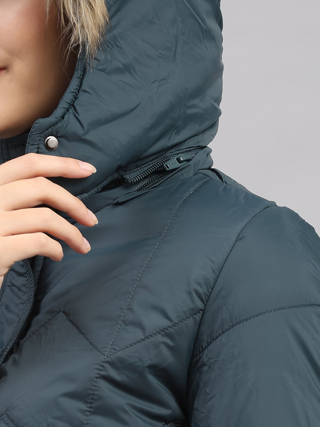 Women Teal Blue Self Design Hooded Full Sleeve Jacket