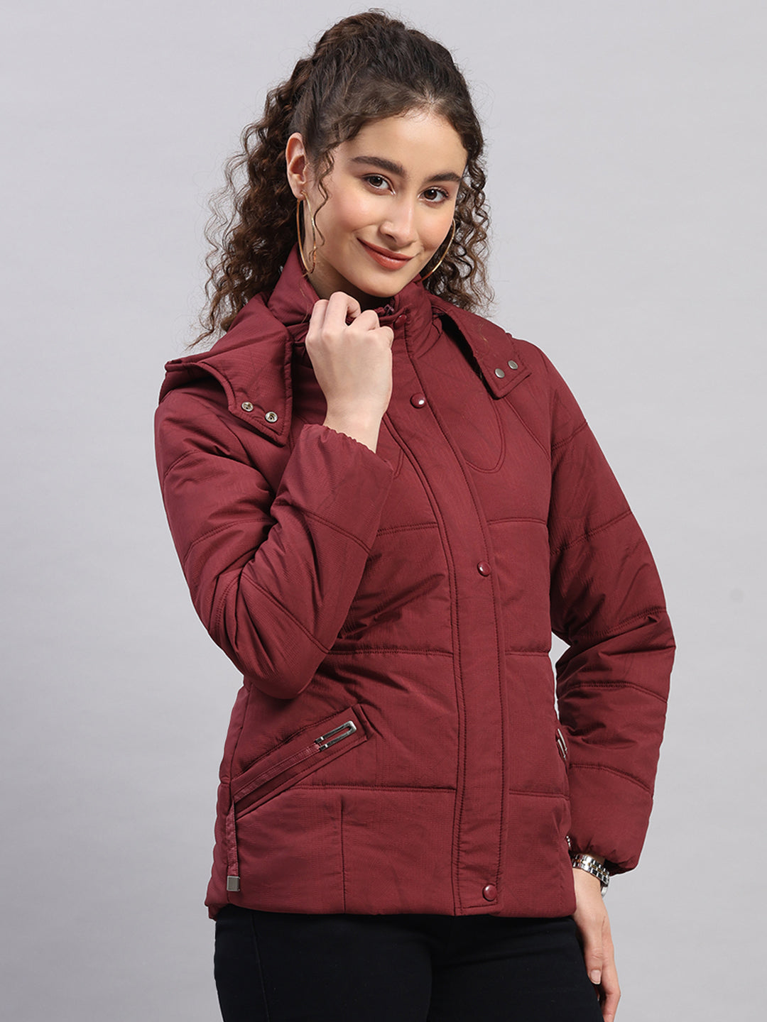 Women Maroon Printed Hooded Full Sleeve Jacket