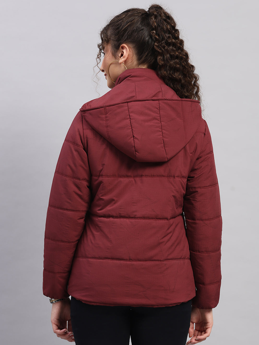 Women Maroon Printed Hooded Full Sleeve Jacket