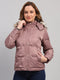 Women Mauve Self Design Hooded Full Sleeve Jacket